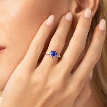 Blue Sapphire Round Cut Three Stone Engagement Ring In Sterling Silver And Gold, 5 of 12