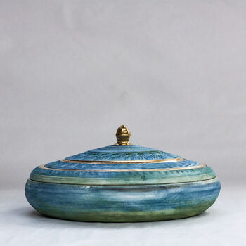 Handmade Blue Chattered Lidded Pot 24 C Gold Banding, 2 of 6