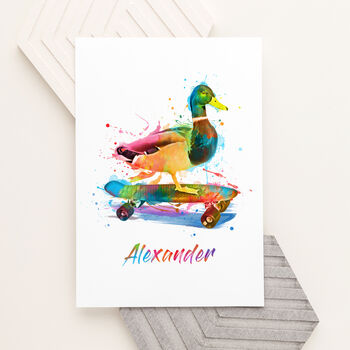Personalised Watercolour Duck Skateboarding Print, 3 of 12
