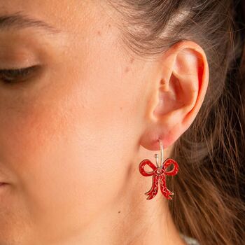 Red Bow Hoop Earrings Christmas Party Jewellery, 2 of 5