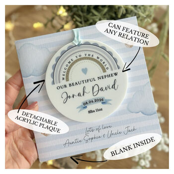Personalised Blue Rainbow New Baby Any Relation Greeting Card, 3 of 3