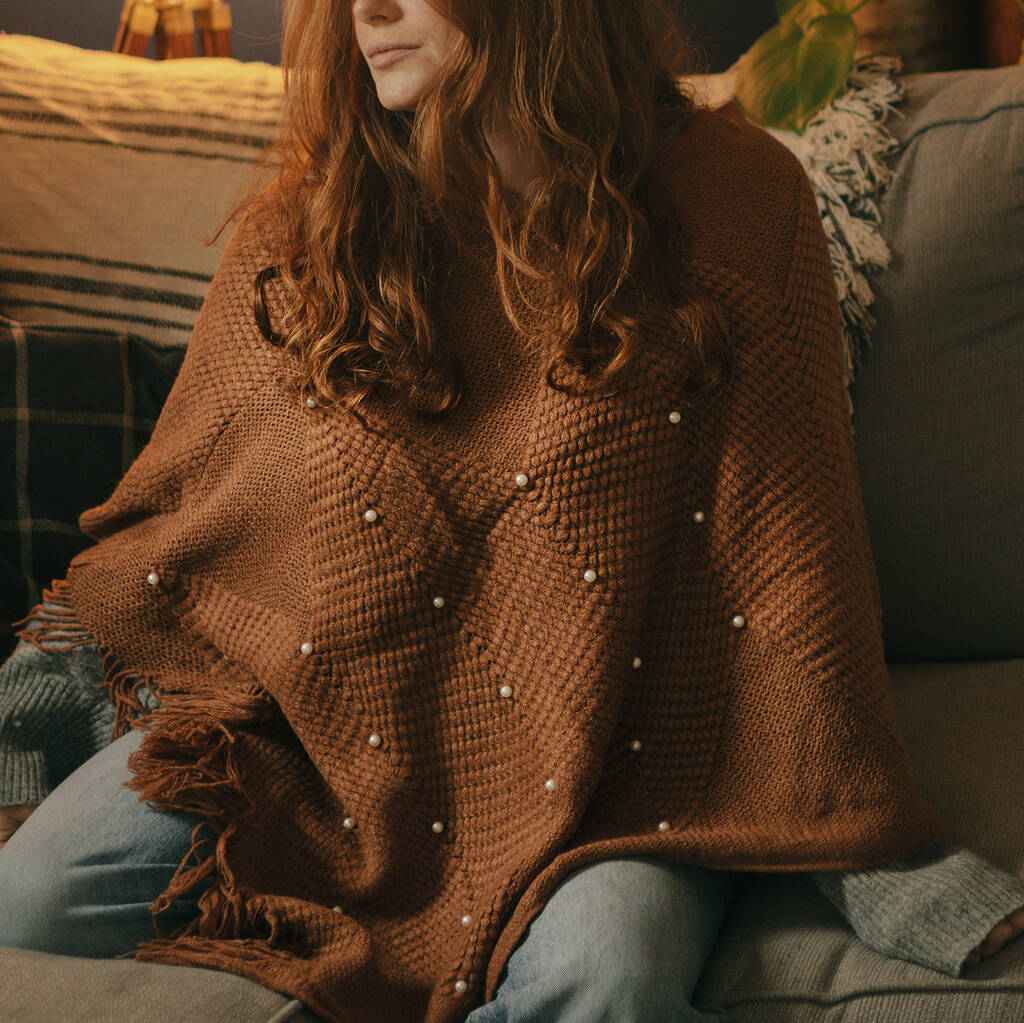 Coffee Arrow Knit And Faux Pearl Knitted Poncho, 1 of 2