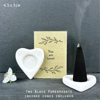 East Of India Mini Matchbox Incense Holder And Two Incense Cones Black Pomegranate 'You Are Loved' Heart, 3 of 4