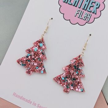 Large Pink And Blue Christmas Tree Earrings, 3 of 4