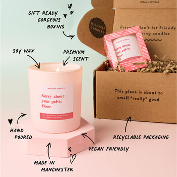 Funny New Baby Gift For New Mum Sorry About Your Pelvic Floor Scented Candle, 2 of 4