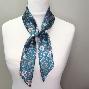 Handmade 100% Mulberry Liberty Silk Skinny Scarf Teal Rachel, 3 of 4