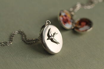 Personalised Sterling Silver Oval Swallow Locket Necklace, 8 of 10