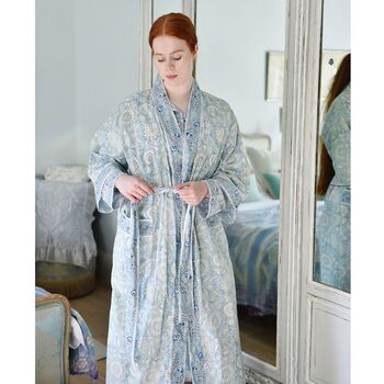 Block Printed Blue Cornflower Cotton Dressing Gown, 4 of 5