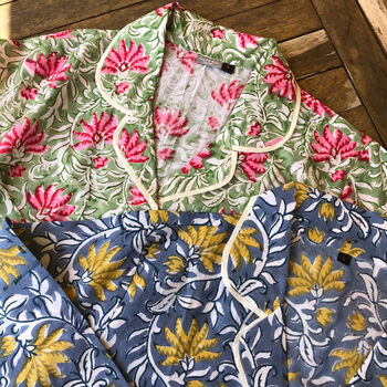 Cotton Block Print Pyjamas Green And Pink Floral, 3 of 5