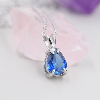 Sterling Silver Sapphire Blue Pear Cut Cz Necklace, 6 of 11