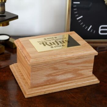 Personalised Dog Urn Pet Urn In Solid Oak With Engraved Brass Effect Plaque, 3 of 4