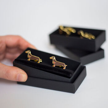 Miniature Dachshund Gold Plated Enamel Cufflinks, 4 of 4