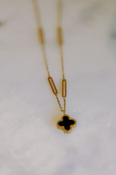 Reversible Black/Pearl Clover Necklace Paperclip Chain, 2 of 4
