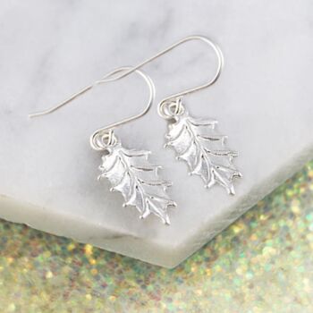 Silver Textured Holly Leaf Stud Earrings, 2 of 7