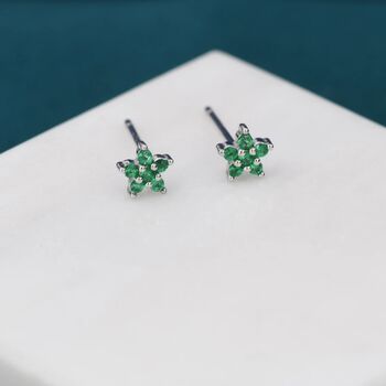 Sterling Silver Emerald Green Flower Cz Stud Earrings, 2 of 12