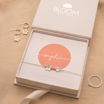 Flower Charm And Birthstone Personalised Slider Bracelet, 5 of 12