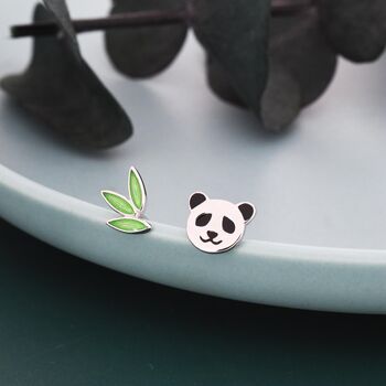 Mismatched Bamboo And Panda Leaf Stud Earrings In Sterling Silver, 2 of 11