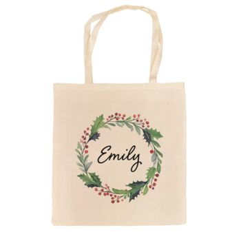 Personalised Christmas Wreath Linen Tote Bag, 3 of 4