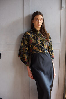 Black Batik Silk Blend Luxury Festival Wrap Top, 4 of 5