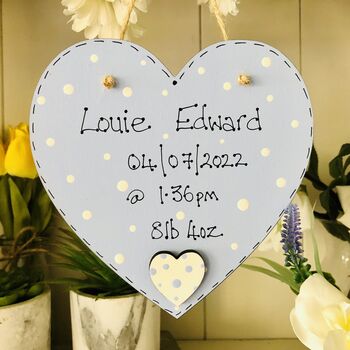 Personalised New Baby Boy Gift Wooden Blue Heart, 3 of 6