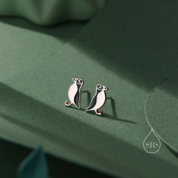 Sterling Silver Enamel Puffin Bird Stud Earrings, 2 of 12