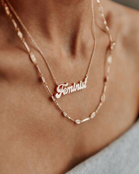 16 K Gold Plated Feminist Script Nameplate Necklace, 3 of 4