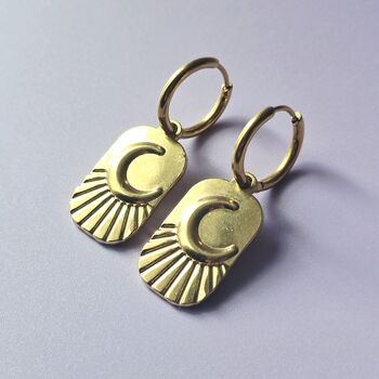 Crescent Moon Sunburst Hoop Earrings Gold Plated, 2 of 5