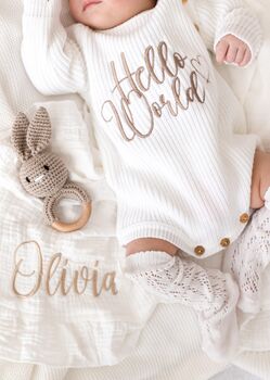 Hello World Embroidered New Baby Long Sleeve Knitted Romper, 4 of 12