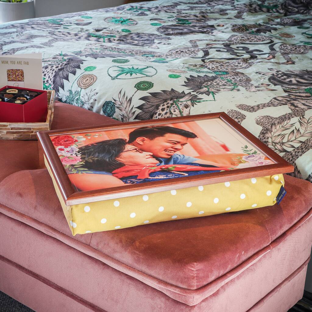 Personalised Bean Bag Cushion Spotty Fabric Lap Tray By Blue Badge Co