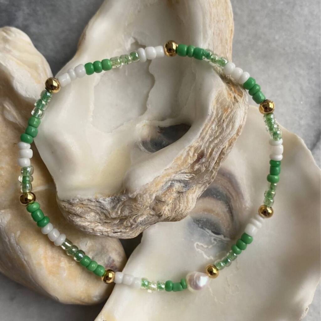 Bali Gold Plated, Green Beaded And Pearl Bracelet, 1 of 4
