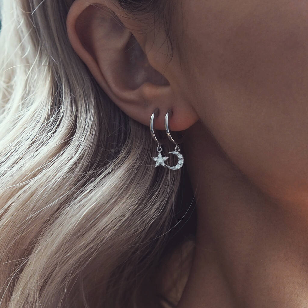 Erika. Sterling Silver Moon And Star Hoop Earrings, 1 of 3
