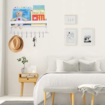Wooden White Floating Shelves With Eight Hooks, 2 of 7