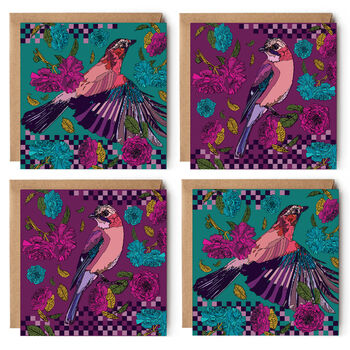Pack Of Four Eurasian Jay Bird Floral Greeting Cards, 2 of 9