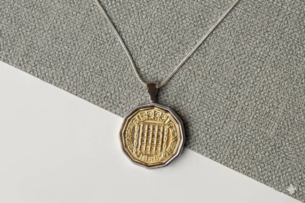 1956 70th Birthday Brass Threepence Coin Pendant, 1 of 3
