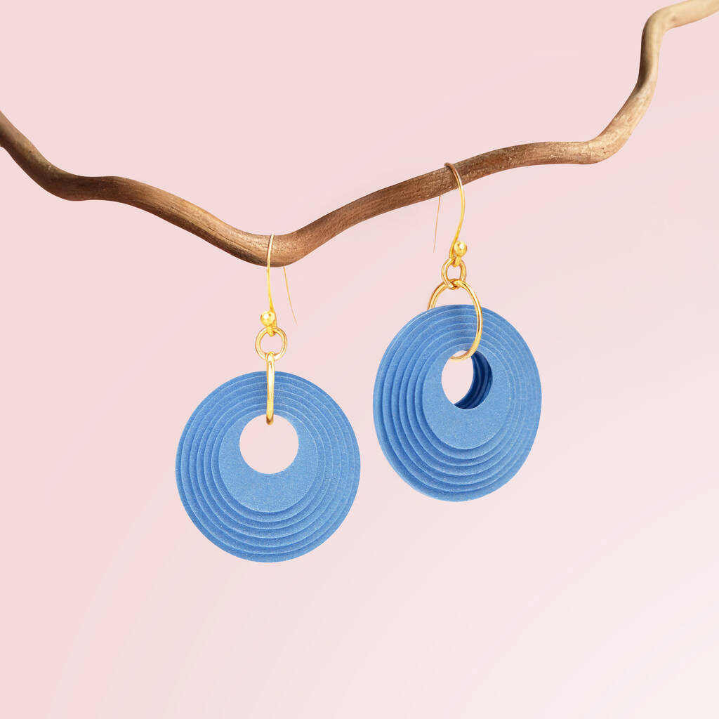 Pearlescent Blue Circular Earrings • Gold Plated Sterling Silver Hooks, 1 of 7
