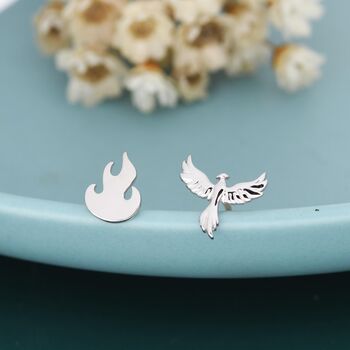 Mismatched Sterling Silver Phoenix And Fire Stud Earrings, 2 of 11