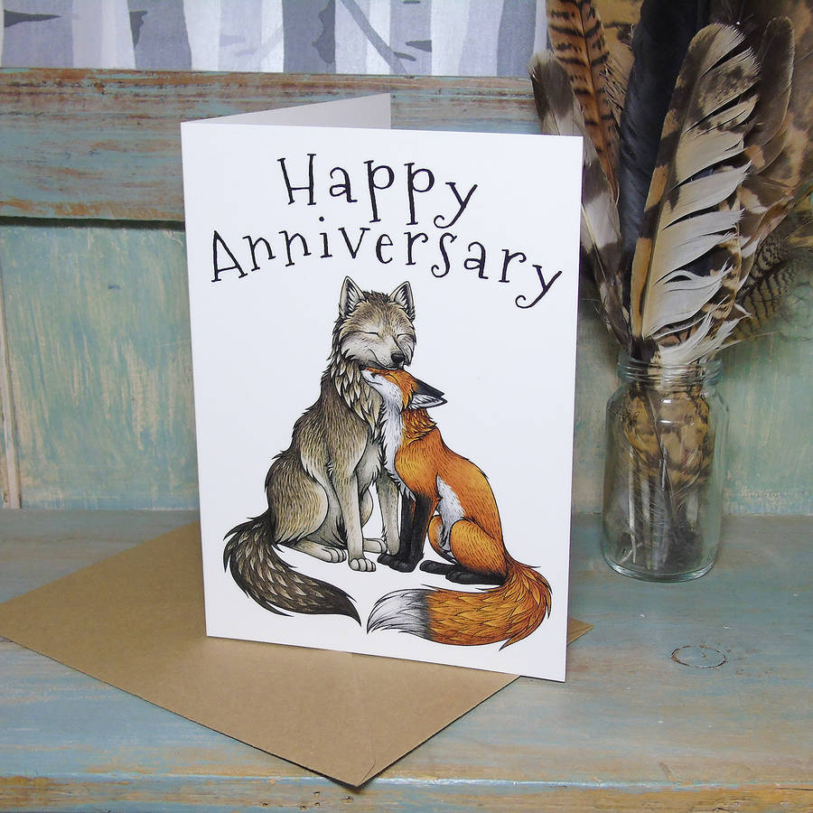 wolf and fox illustration anniversary  card  by lyndsey 