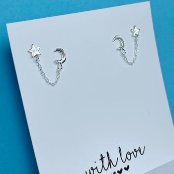 Moon And Star Chain Silver Sterling Earrings, 2 of 3