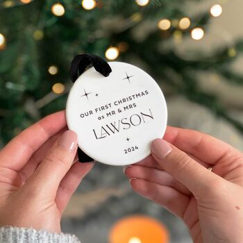 First Christmas As Mr And Mrs Personalised Ceramic Bauble, 2 of 10