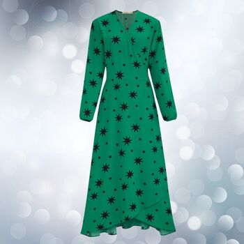 Christmas Party Dress Women's Green Star Print Wrap, 3 of 3