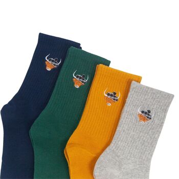 Men's Highland Cow Tartan Embroidered Cotton Socks Four Pack, 2 of 7