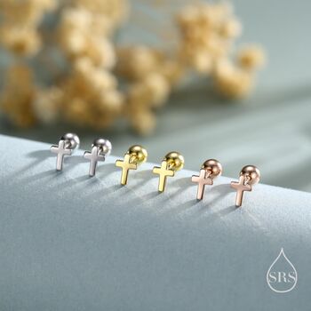 Tiny Cross Screw Back Earrings In Sterling Silver, 6 of 12