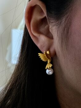 Golden Dove Pearl Earrings 16k Gold Plated Studs With Real Freshwater Pearls, Symbol Of Love And Peace, Wedding Gift For Her, 3 of 9