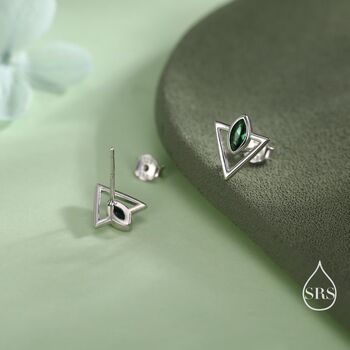 Sterling Silver Triangle And Emerald Green Marquise Cz Arrow Stud Earrings, 4 of 12