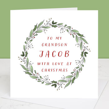 Grandson Personalised Wreath Christmas Card, 2 of 3