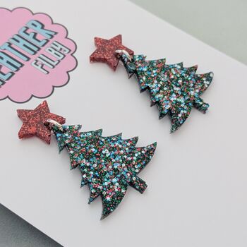 Silver And Red Glitter Christmas Tree With Star Earrings, 2 of 5