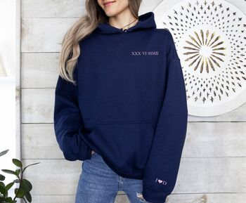 Personalised Roman Numerals Unisex Hoodie With Initial On Sleeve, 4 of 4