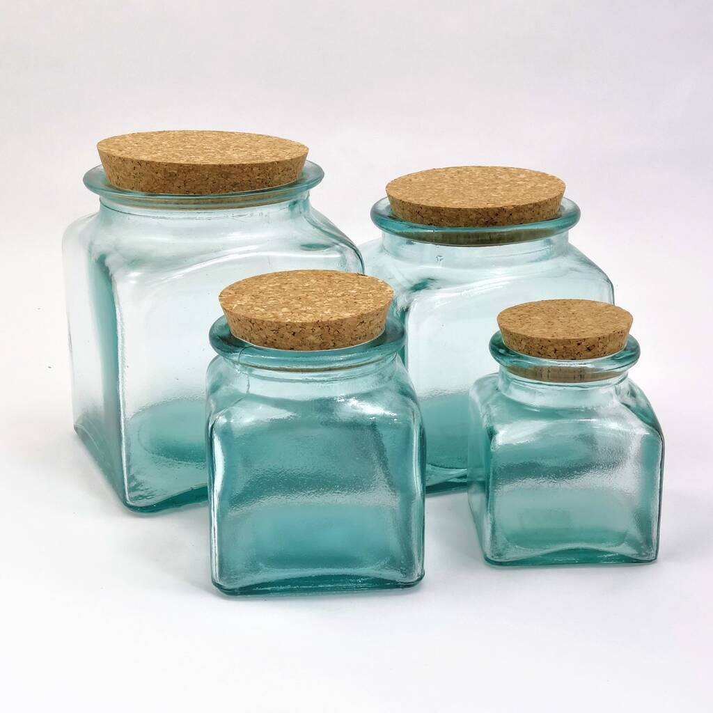 Set Of Recycled Glass Storage Jars | Square + Cork Lids, 1 of 5