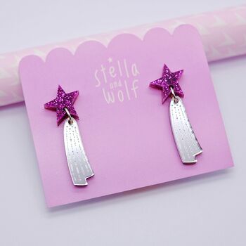 Sparkly Pink And Silver Shooting Star Earrings, 3 of 4