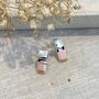 Baby Pink And Gold Pink Ceramic Bar Stud Earrings Abstract Splatter Minimalist Studs, thumbnail 5 of 11